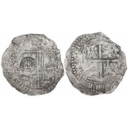 Potosi, Bolivia, cob 8 reales, 1651(O or E), with crown-alone countermark on shield.