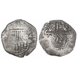 Potosi, Bolivia, cob 4 reales, (1650-1)O, with crowned-L countermark on cross.