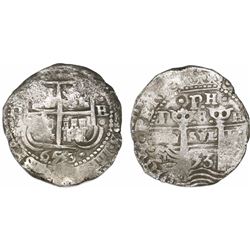 Potosi, Bolivia, cob 8 reales, 1653E, dot-PH-dot at top.