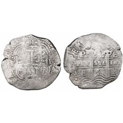 Potosi, Bolivia, cob 8 reales, 1654E, dot-PH-dot at top.