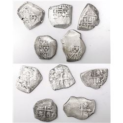 Lot of five Mexico City, Mexico, cob 4 reales, Philip V, assayer J (where visible).