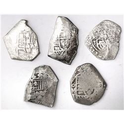 Lot of five Mexico City, Mexico, cob 4 reales, Philip V, assayer J (where visible).