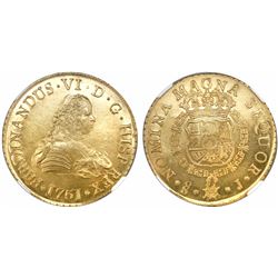 Santiago, Chile, gold bust 8 escudos, Ferdinand VI, 1751J, encapsulated NGC MS 63 / La Luz.