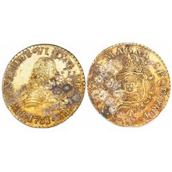 Santiago, Chile, gold bust 8 escudos, Ferdinand VI, 1751J, encrusted as found.