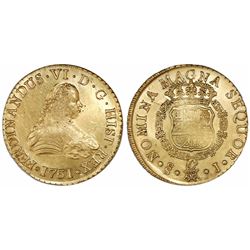 Santiago, Chile, gold bust 8 escudos, Ferdinand VI, 1751J.