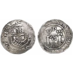 Lima, Peru, 2 reales, Philip II, assayer R (Rincon) to right, motto PL-VSV-L, legends HISPA / NIARVM