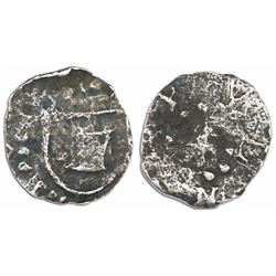 Potosi, Bolivia, cob 1/4 real, Philip III, no assayer or mintmark, small lion, no crown, rare.