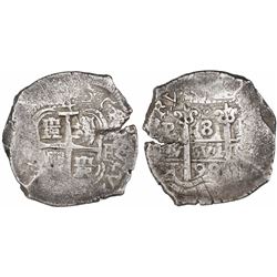 Potosi, Bolivia, cob 8 reales, 1698F, cross side struck from 4R die (4 above cross), unique.