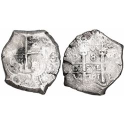 Potosi, Bolivia, cob 8 reales, 1701Y, posthumous Charles II, rare, Calbeto Plate Coin.