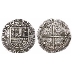 Seville, Spain, cob 4 reales, Philip II, assayer Gothic D at 4 o'clock outside tressure on reverse, 