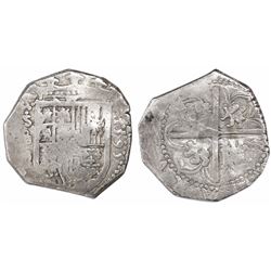 Seville, Spain, cob 4 reales, 1595 date to right, assayer B below mintmark S and denomination o-IIII