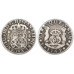 Potosi, Bolivia, pillar 4 reales, Charles III, 1769JR, fancy 9.