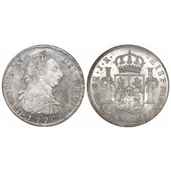 Potosi, Bolivia, bust 8 reales, Charles III, 1774JR, encapsulated NGC MS 63.