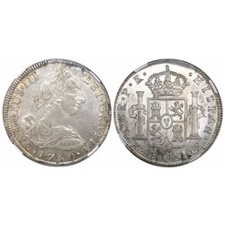 Potosi, Bolivia, bust 8 reales, Charles III, 1780PR, encapsulated NGC AU 58.