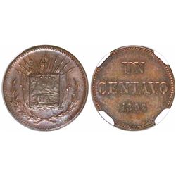 Costa Rica, piefort copper pattern 1 centavo ("UN CENTAVO"), 1892, rare, encapsulated NGC MS 64 BN, 