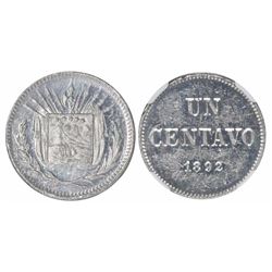 Costa Rica, piefort aluminum 1 centavo ( UN CENTAVO ), 1892, rare, encapsulated NGC MS 61, ex-Richar