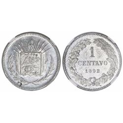 Costa Rica, aluminum pattern 1 centavo ("1 CENTAVO"), 1892, rare, encapsulated NGC MS 61, finest and