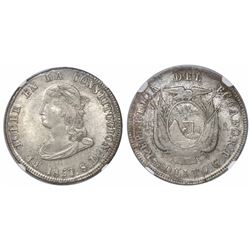 Quito, Ecuador, 4 reales, 1857GJ, rare, encapsulated NGC MS 63.