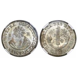 Quito, Ecuador, 2 reales, 1839MV, encapsulated NGC MS 62, finest known in NGC census.