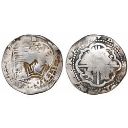 Guatemala, "moclon" 2 reales, crown countermark (1662) on shield side of a Lima, Peru, cob 2 reales 
