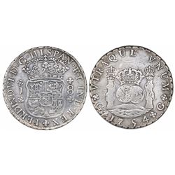 Guatemala, pillar 8 reales, Ferdinand VI, 1754J, Spanish 5, ex-Richard Stuart.