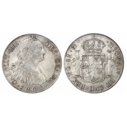 Guatemala, bust 8 reales, Charles IV, 1800M, encapsulated PCGS AU 53.