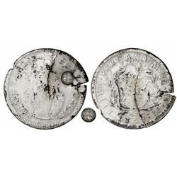 Guatemala, 8 reales, sun-over-mountains countermark (Type II, 1839) on Liberty side of a contemporar