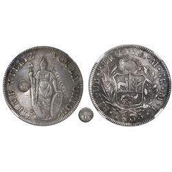 Guatemala, 8 reales, sun-over-mountains countermark (Type II, 1839) on Liberty side of a Lima, Peru,