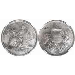 Guatemala, 1 peso, 1873P, short-tail quetzal, encapsulated NGC AU 55, finest and only specimen in NG