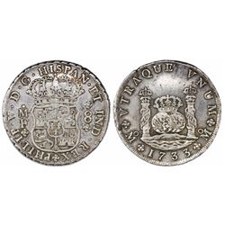 Mexico City, Mexico, pillar 8 reales, Philip V, 1733MF, small crown.