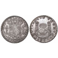 Mexico City, Mexico, pillar 8 reales, Ferdinand VI, 1754MF, dissimilar crowns, recut 4.