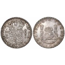 Mexico City, Mexico, pillar 8 reales, Ferdinand VI, 1754MM, dissimilar crowns.