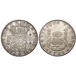 Mexico City, Mexico, pillar 8 reales, Charles III, 1761MM, cross between H and I, no dots on shield