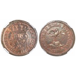 Mexico City, Mexico, copper 1 grano, Charles III, 1769, very rare, encapsulated NGC XF 45 BN.