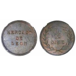 Leon, Nicaragua, copper 1/12 dime token, Mercado de Leon (1877), rare, encapsulated NGC AU 58 BN, fi