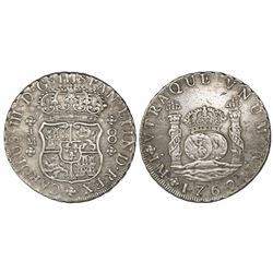 Lima, Peru, pillar 8 reales, Charles III, 1762JM, dots over both mintmarks.