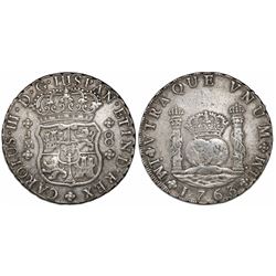 Lima, Peru, pillar 8 reales, Charles III, 1763JM, dots over both mintmarks, rare.