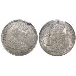 Lima, Peru, bust 8 reales, Charles III, 1774MJ, encapsulated PCGS AU 55, finest known in PCGS census