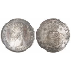 Madrid, Spain, 5 pesetas, Amadeo I, 1871SD-M, with 18-71 inside stars, encapsulated NGC MS 61.