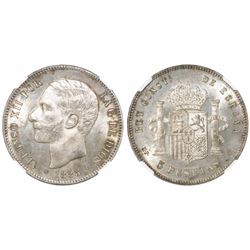 Madrid, Spain, 5 pesetas, Alfonso XII (struck in the reign of Alfonso XIII), 1885MP-M, with 18-87 in