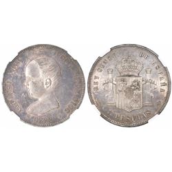 Madrid, Spain, 5 pesetas, Alfonso XIII (infant bust), 1888MP-M, with 18-88 inside stars, encapsulate