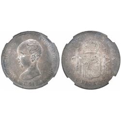 Madrid, Spain, 5 pesetas, Alfonso XIII (infant bust), 1891PGM with 18-91 inside stars, encapsulated