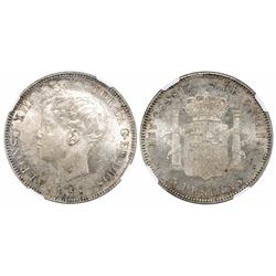 Madrid, Spain, 5 pesetas, Alfonso XIII, 1898SG-V, with 18-98 inside stars, encapsulated NGC MS 63.