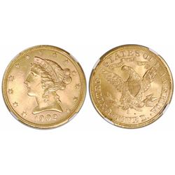 USA (San Francisco mint), $5 coronet Liberty half eagle, 1902-S, encapsulated NGC MS 65.