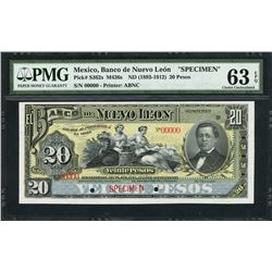Monterey, Mexico, Banco de Nuevo Leon, specimen 20 pesos, ND (1893-1912), certified PMG UNC 63 EPQ.