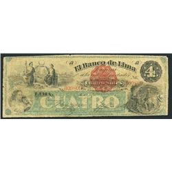Lima, Peru, Banco de Lima, 4 soles, 1-1-1870, rare.