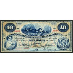 Lima, Peru, Banco de Londres Mexico y Sud America, specimen 10 soles, 1866.