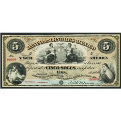 Lima, Peru, Banco de Londres Mexico y Sud America, specimen 5 soles, 1866.
