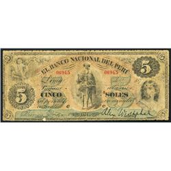 Lima, Peru, Banco Nacional del Peru, 5 soles, 187X (1871-73), rare.