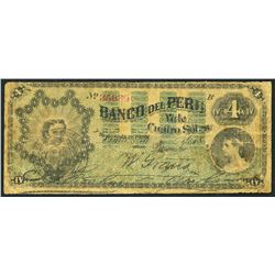 Lima, Peru, Banco del Peru, 4 soles, 1-12-1873, rare.